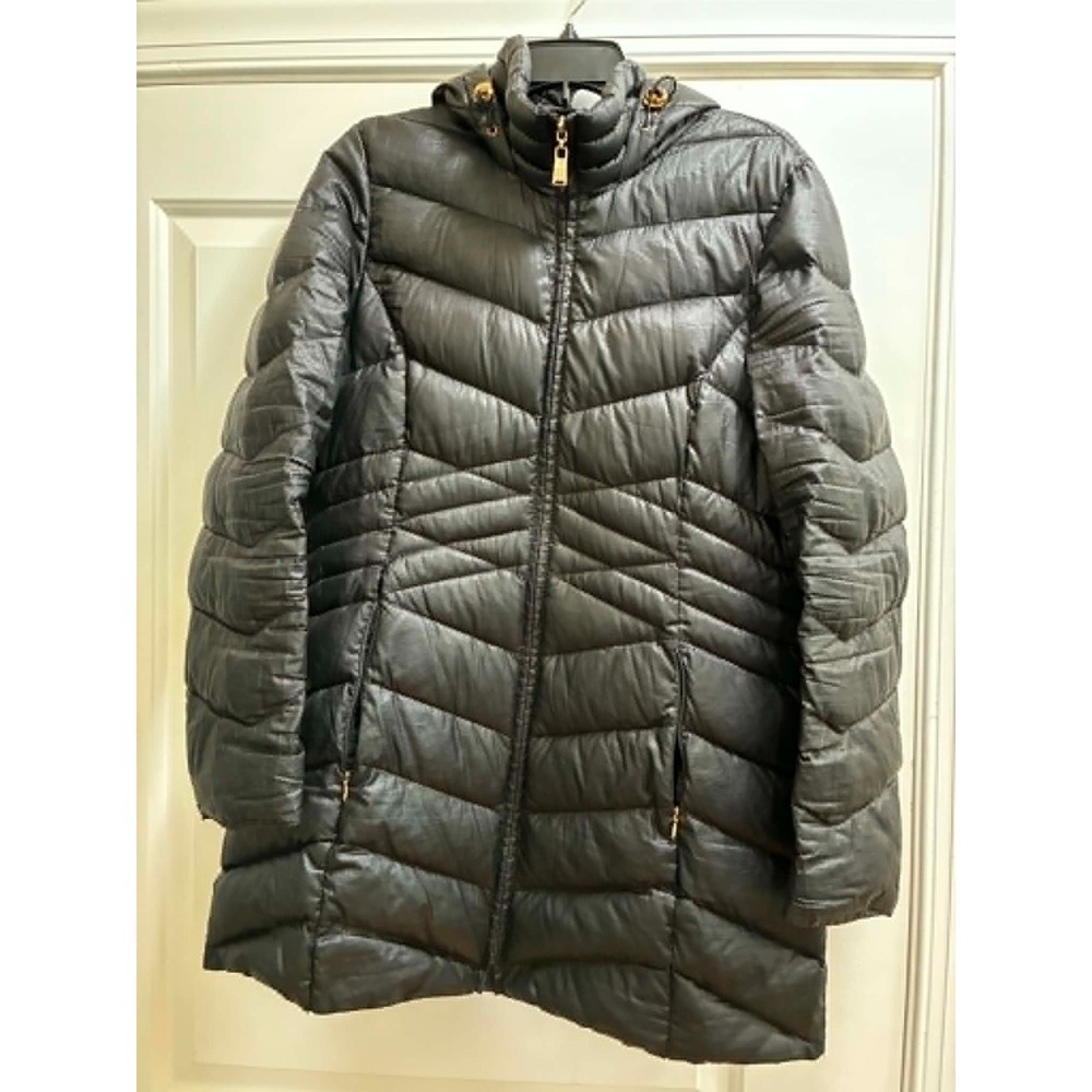 Ellen Tracy Womens Large Black Puffer Coat Hooded Long Quilted Zip Jacket